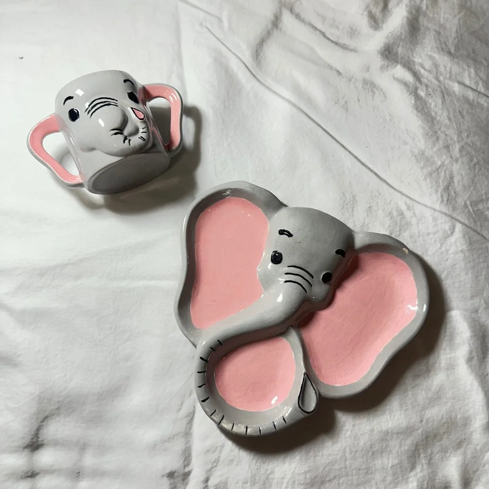 Vintage Holland Mold Elephant Mug and Plate Set Grey Pink Good Ceramic Nostalgia